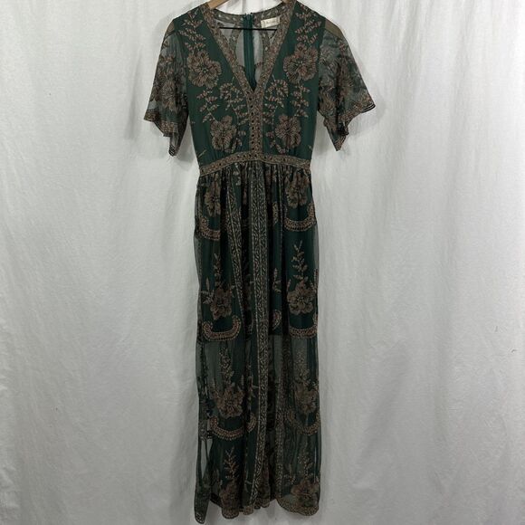 Altar’d State Mariska Green Lace Semi-Sheer Embroidered Maxi Dress Womens S Boho - Picture 1 of 14